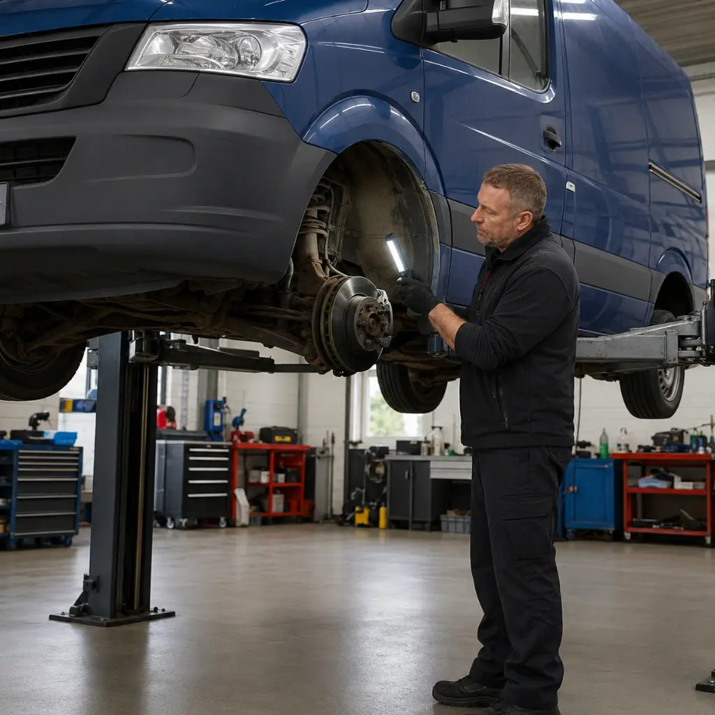 What Are the Most Reliable Used Vans? Top UK Picks 2 Independent mechanic inspecting used van suspension before sale in professional UK workshop