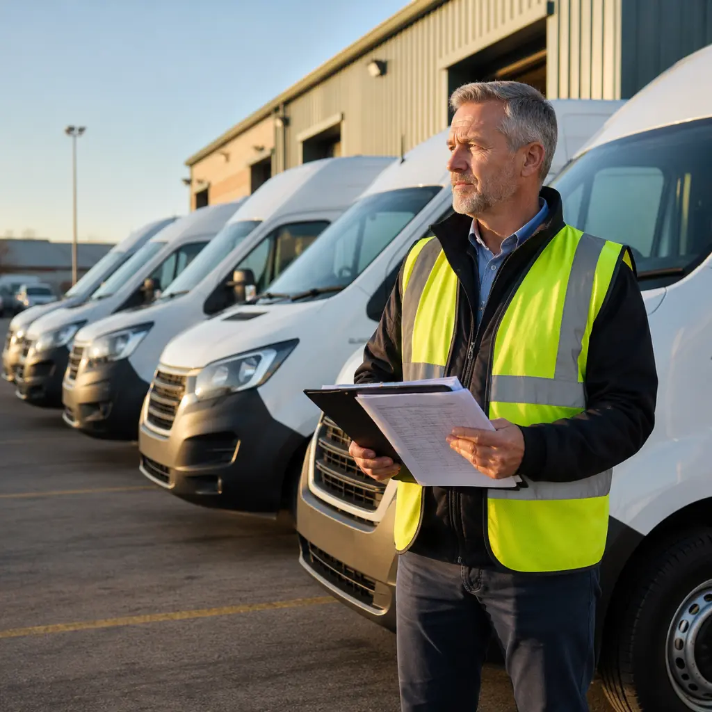Home 31 Fleet manager reviewing maintenance records beside reliable used commercial vans in depot