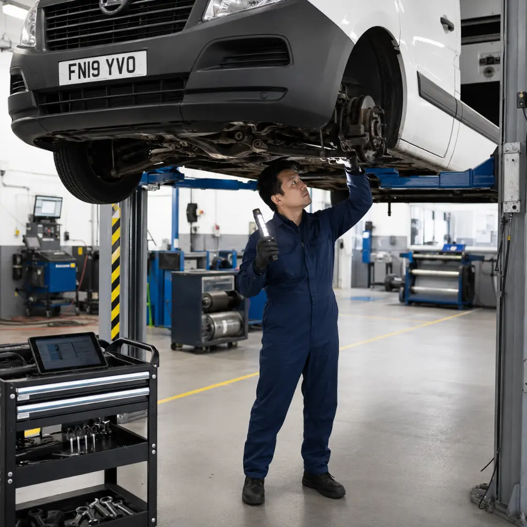 Van MOT Checklist: What Gets Checked During an MOT? 1 Qualified MOT tester inspecting suspension beneath a UK panel van professionally.