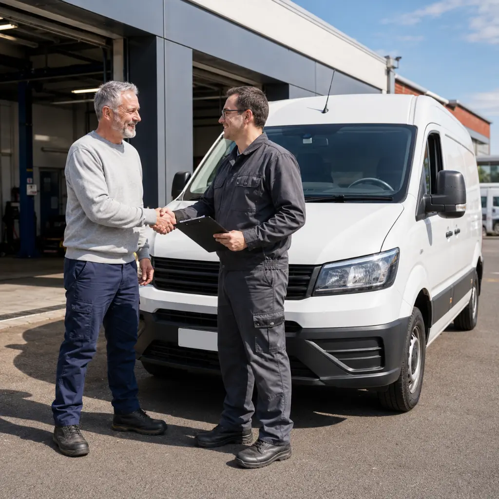 Van MOT Checklist: What Gets Checked During an MOT? 2 Driver collecting roadworthy van after successful MOT inspection at UK test centre.
