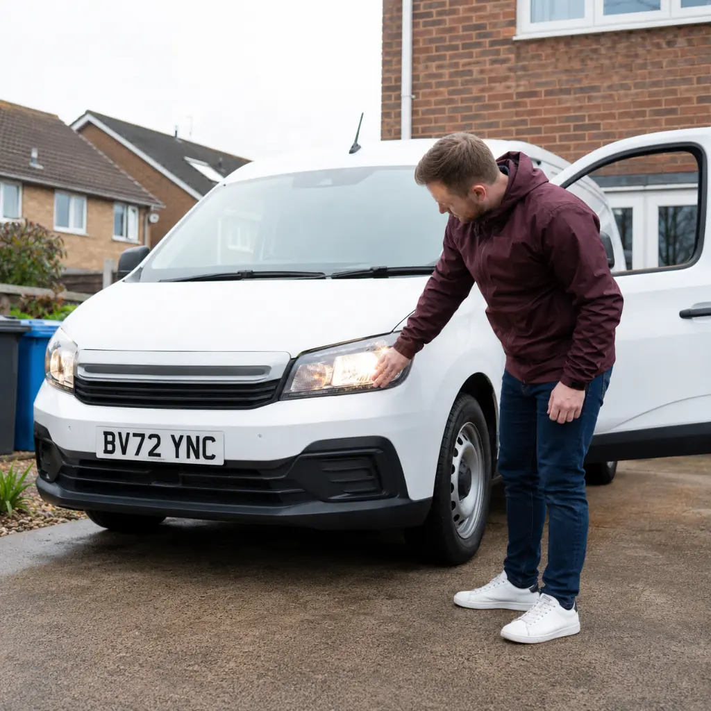 Home 25 Driver checking van headlights before MOT outside a modern UK home.