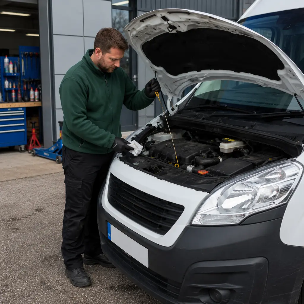 How to Make Your Van Last Longer: Van Maintenance Tips Every Owner Should Know 1 Driver checking engine oil level during routine weekly van maintenance inspection.