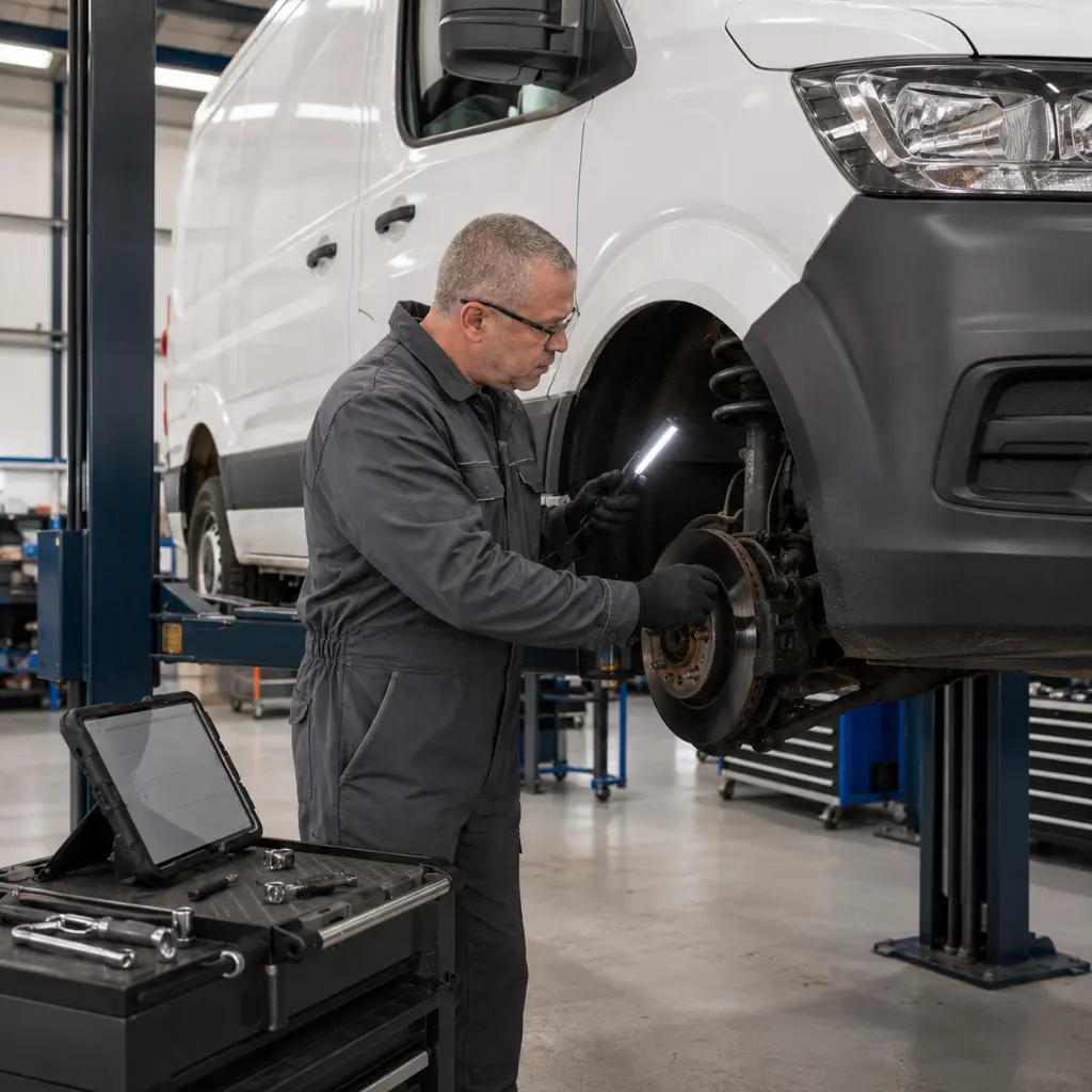 Home 26 Professional technician inspecting brakes during scheduled van maintenance in a UK workshop.