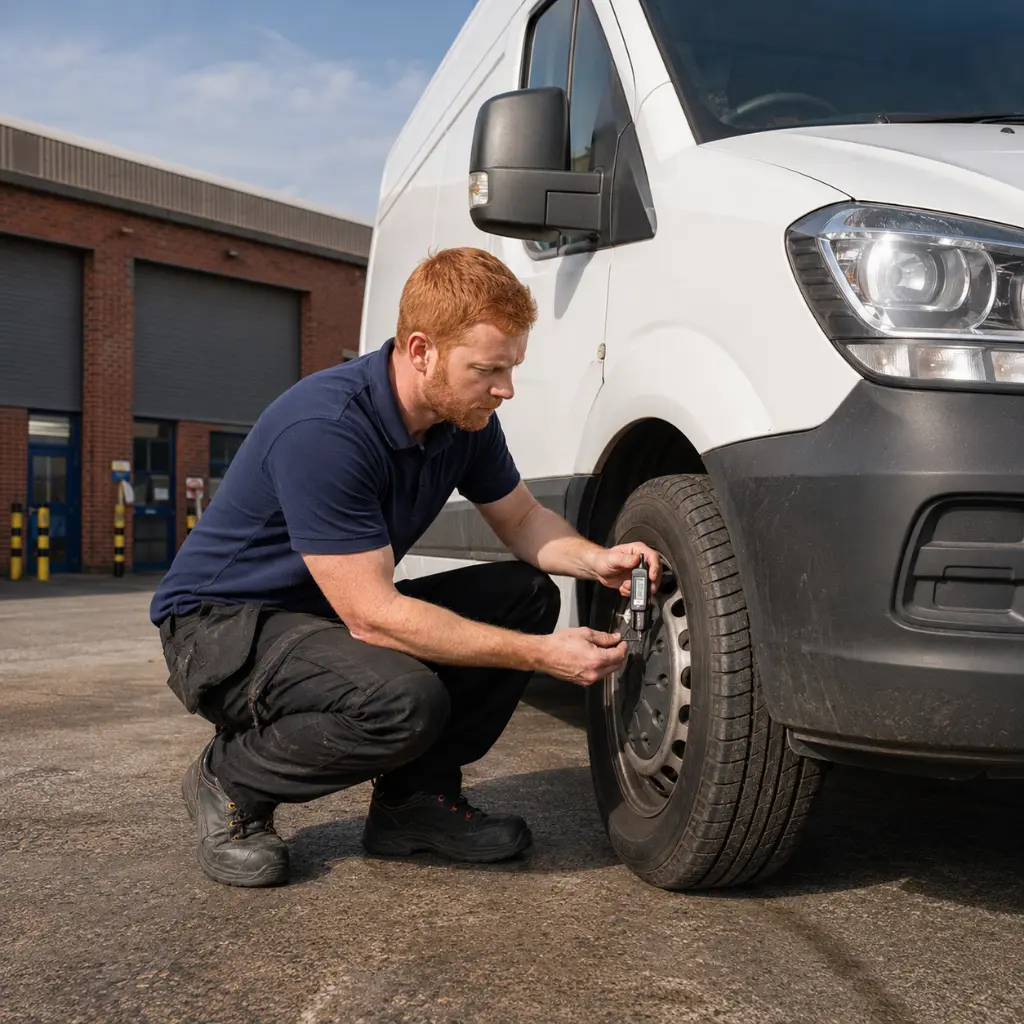 How to Make Your Van Last Longer: Van Maintenance Tips Every Owner Should Know 2 Tradesperson checking van tyre tread depth before starting work in the UK.