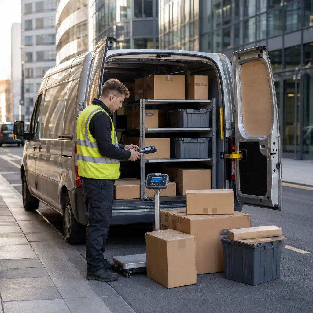 What Does Payload Mean on a Van and Why It Matters 1 UK courier checking parcel weights before safely loading a modern delivery van daily.