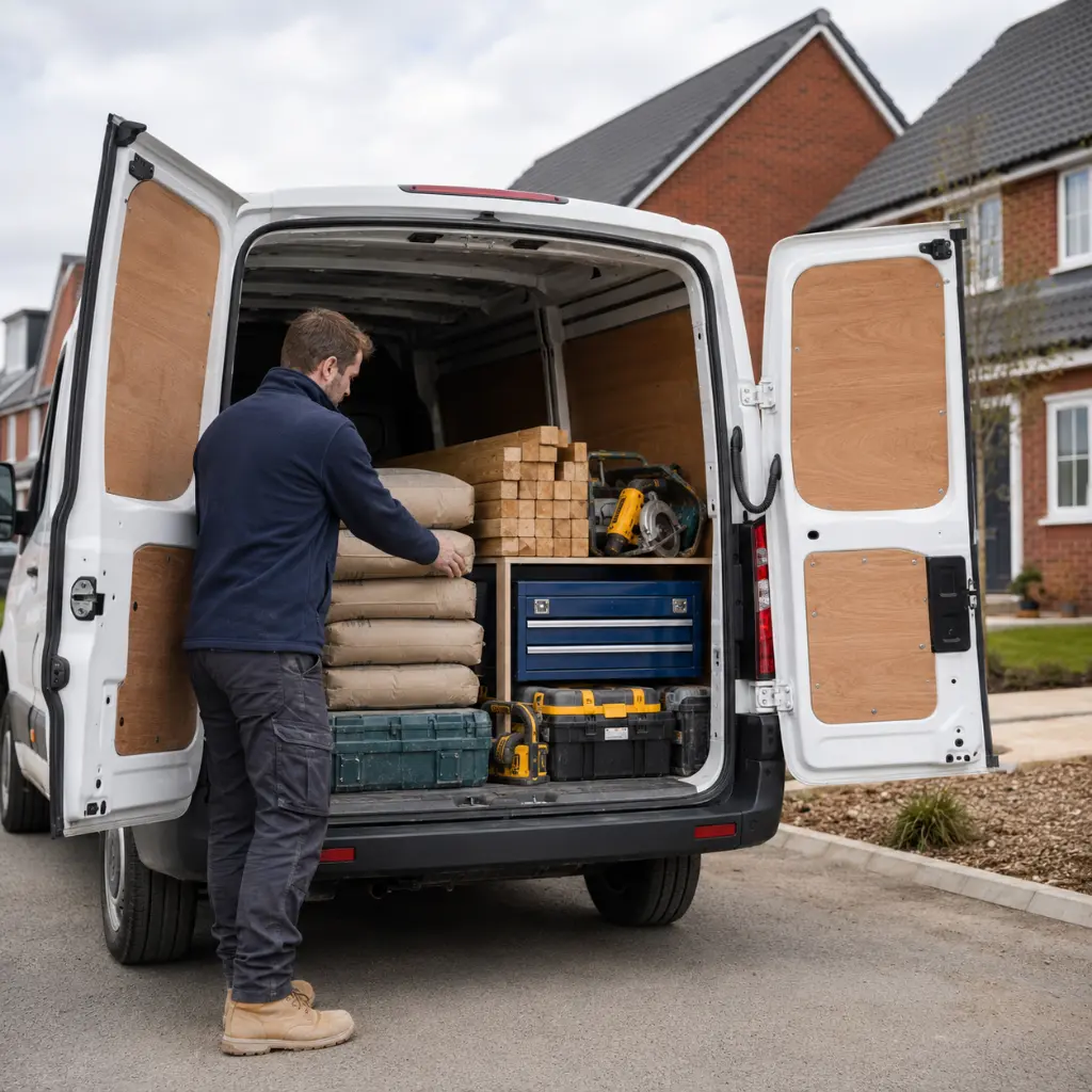 What Does Payload Mean on a Van and Why It Matters 2 British builder loading organised tools into a used panel van before the workday starts.