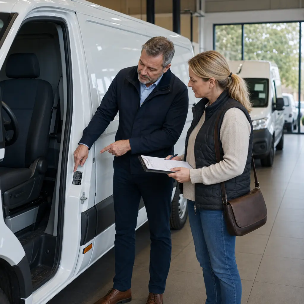 Home 30 Van dealer explaining payload specifications to business owner inside UK dealership showroom.