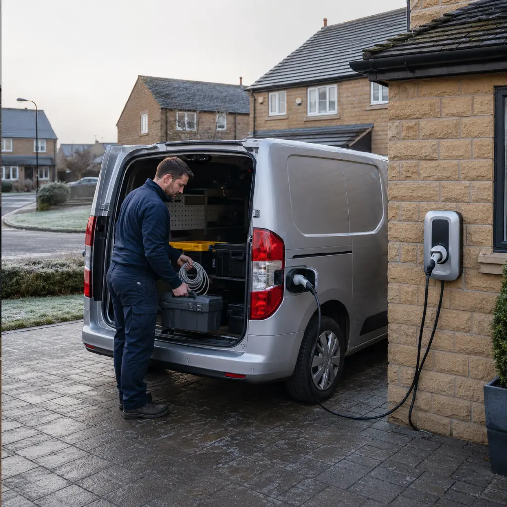 Electric Van vs Diesel Van: Which Is Right for Your Business? 1 Tradesperson loading an electric van while it charges on a UK driveway
