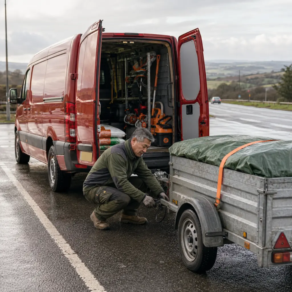 Electric Van vs Diesel Van: Which Is Right for Your Business? 2 Contractor checking a diesel van and trailer before a long UK journey