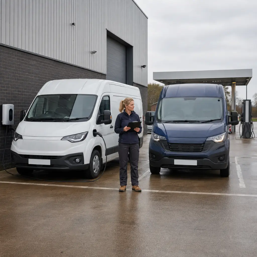 Home 26 Business owner comparing an electric van and a diesel van at a UK depot