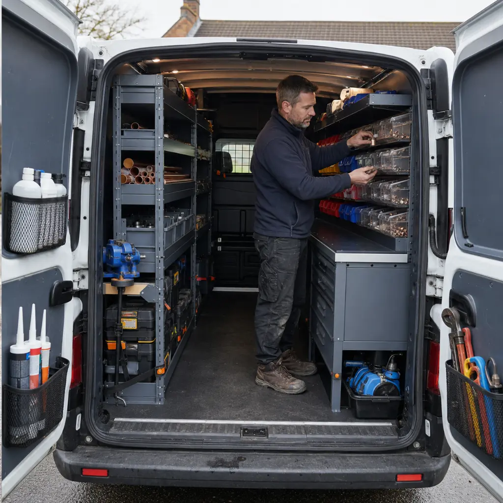 Van Racking Ideas: How Can You Organise Your Work Van? 1 Plumber choosing a fitting from organised shelving inside a work van