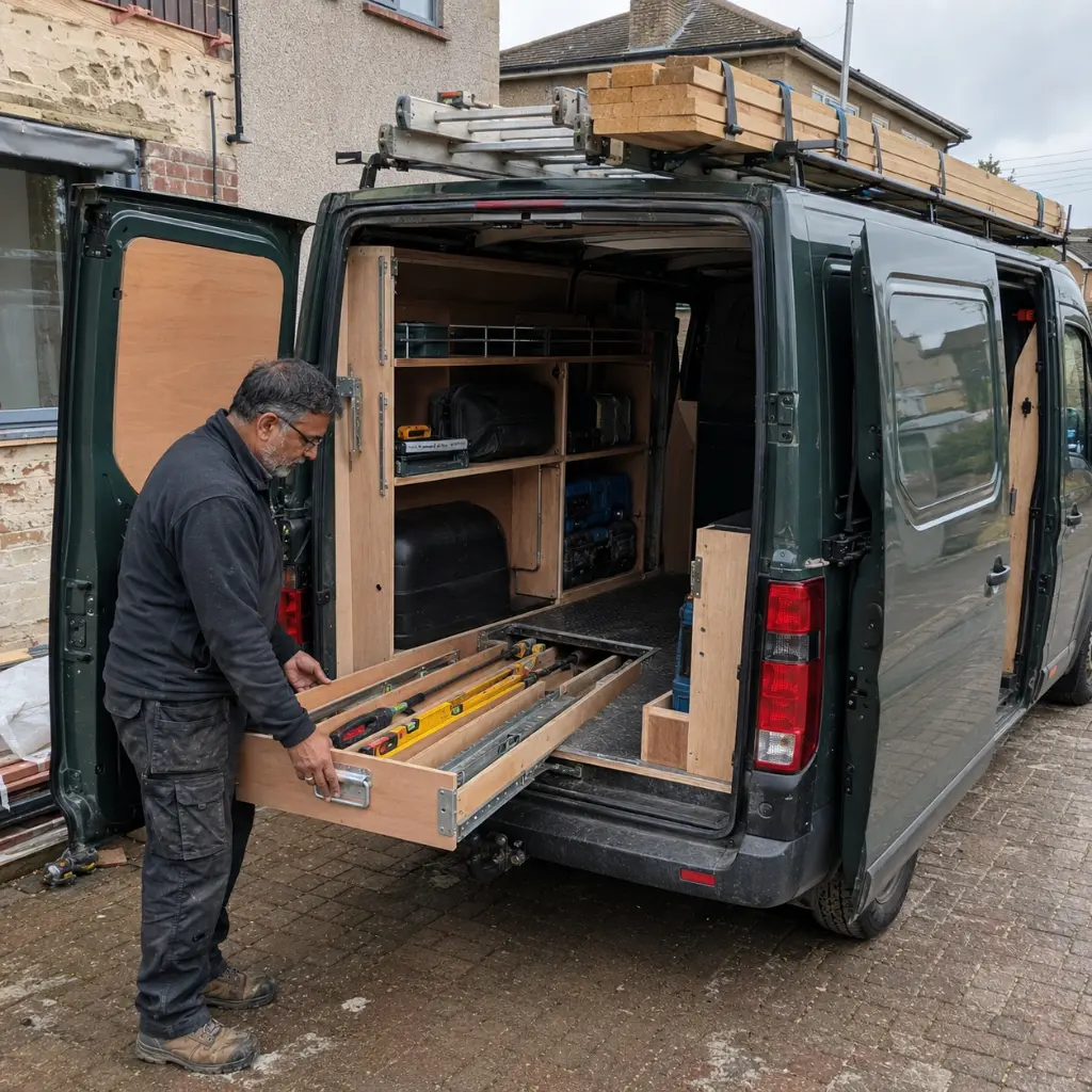 Van Racking Ideas: How Can You Organise Your Work Van? 2 Carpenter using underfloor storage in an organised long-wheelbase van