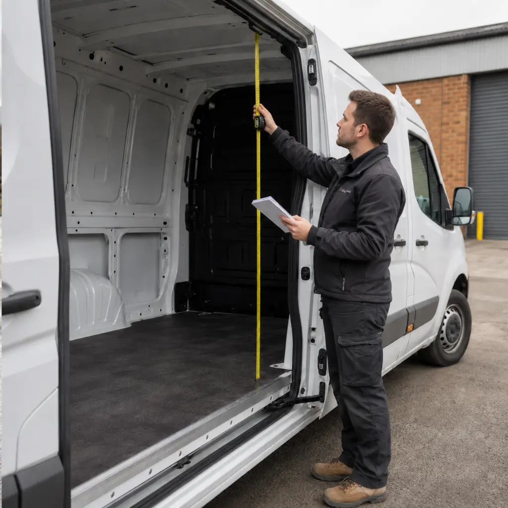 Home 25 Electrician measuring an empty work van before installing racking